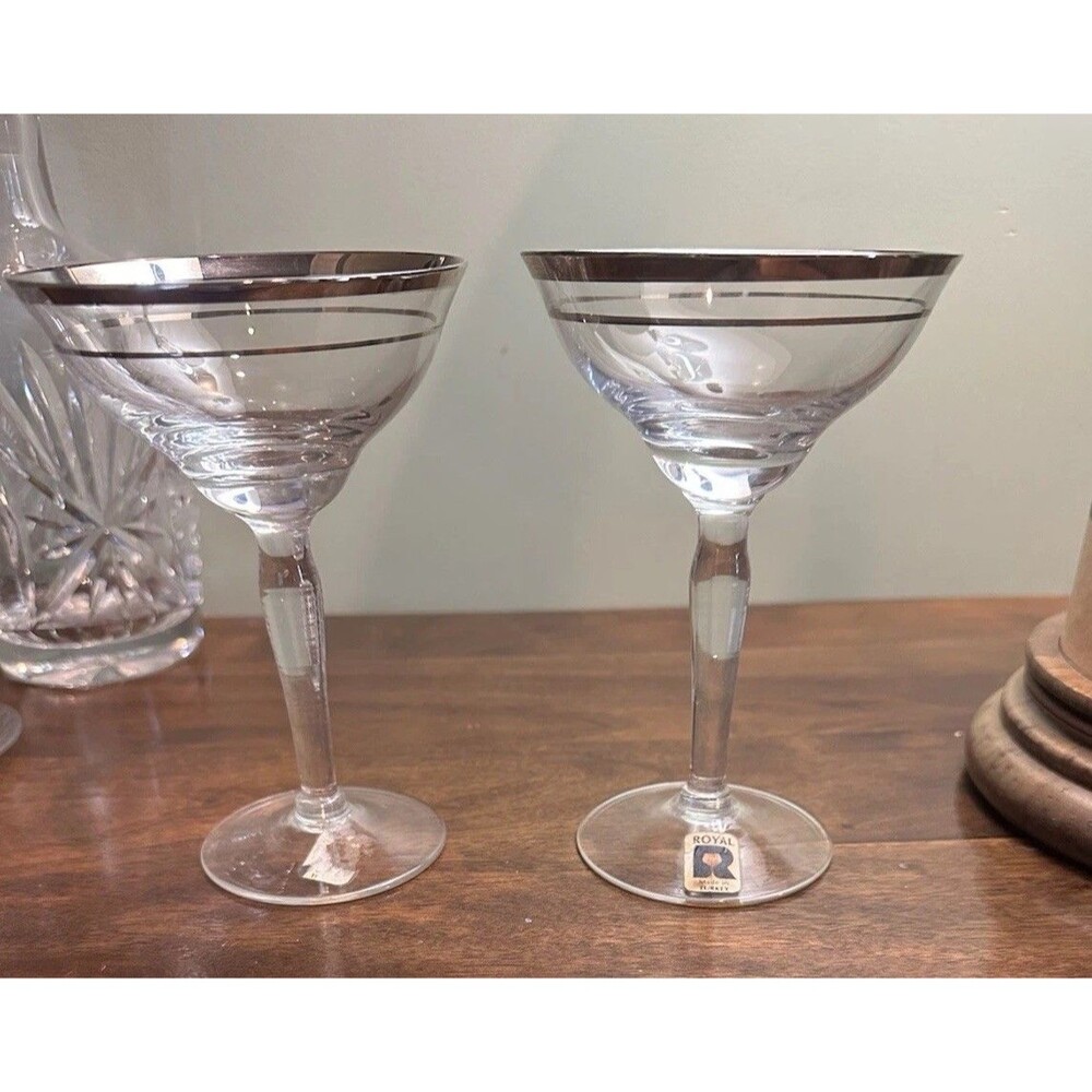 2 Vintage Platinum Banded Art Deco Aperitif Cocktail Martini Glasses Royal
